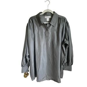 Allison Woods Silk Blouse Women’s Size 1X Collared Balloon Sleeves Gray Neutral